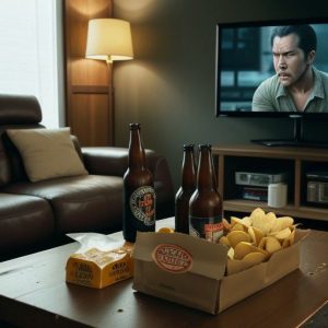 Living room with large TV, snack foods, and beer bottles