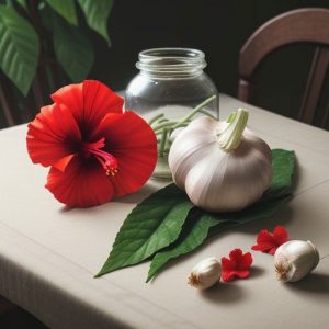 a garlic bulb and hibiscus blossum