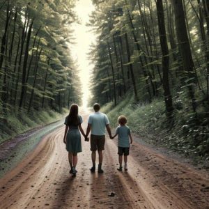 A family walking down a dirt road