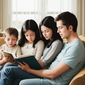 A family reading the Bible in the living room