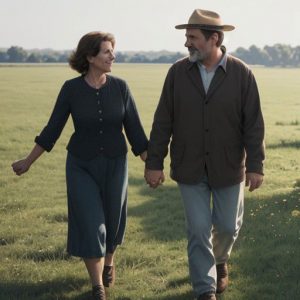 A husband and wife walking through a field